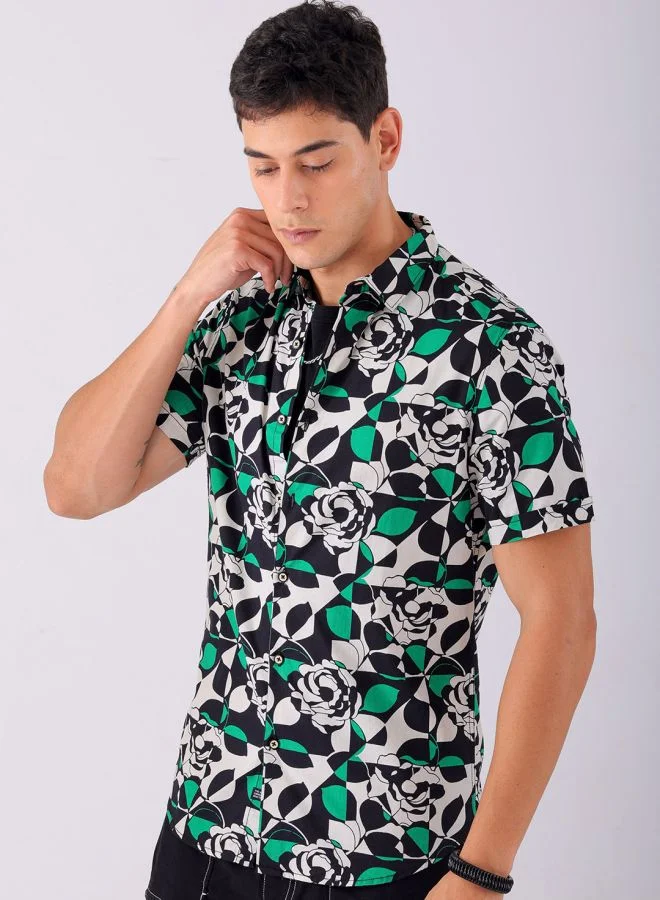 The Indian Garage Co Men Regular Fit Abstract Printed Full Sleeves Cutaway Collar Casual Shirt
