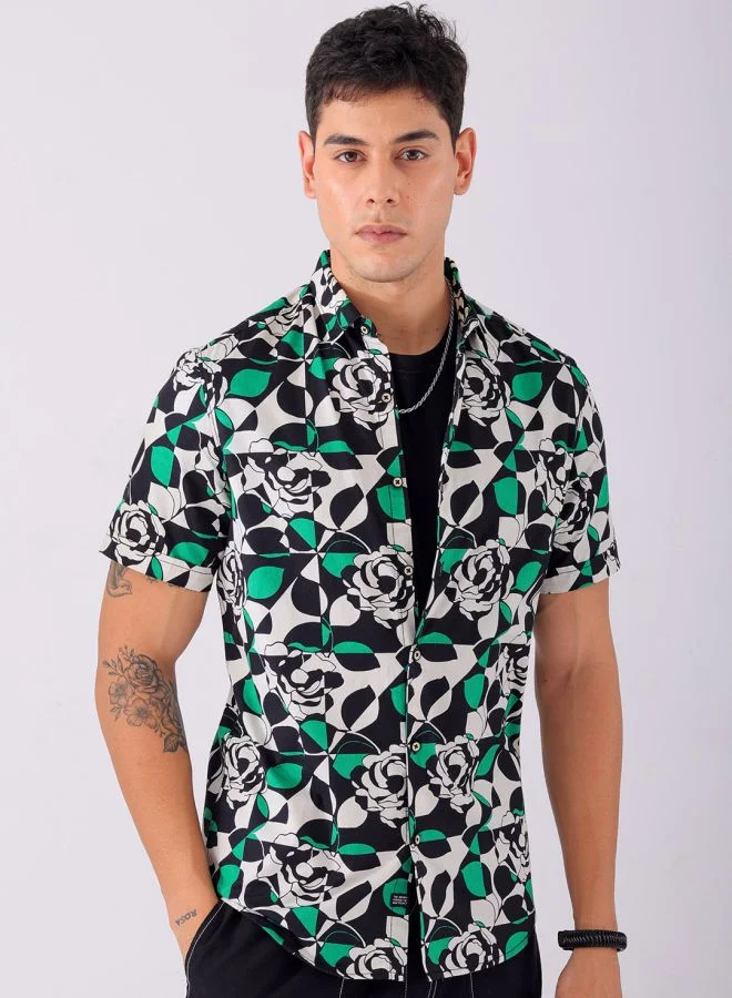 The Indian Garage Co Men Regular Fit Abstract Printed Full Sleeves Cutaway Collar Casual Shirt