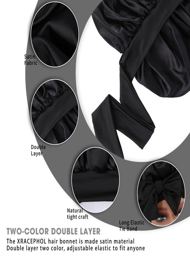 XRACEPHOL Silk Bonnet for Sleeping Women Double Layer Satin Hair Bonnet Sleep Caps with Elastic Tie Band Adjustable Bonnets for Women（Black） - Image 3
