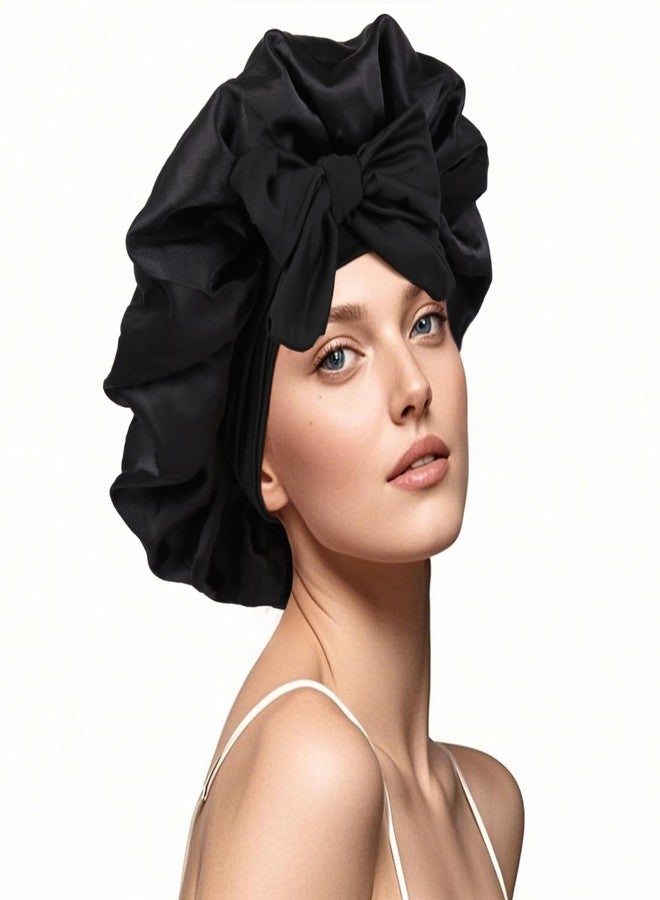 XRACEPHOL Silk Bonnet for Sleeping Women Double Layer Satin Hair Bonnet Sleep Caps with Elastic Tie Band Adjustable Bonnets for Women（Black） - Image 1