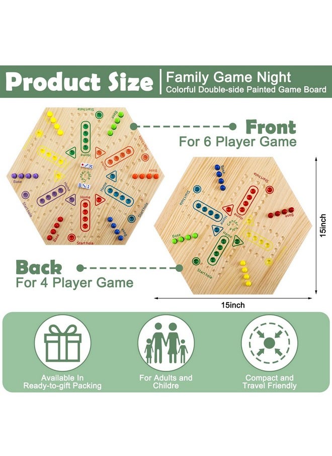 Kathfly - Marble Board Game Wooden Marble Game Wahoo Board Game Fun Chinese Checkers Board Game With 6 Colors 36 Marbles 6 Dice For Adults Family Game Night Double Sided Painted 6 And 4 Player (Hexagonal) - Image 1