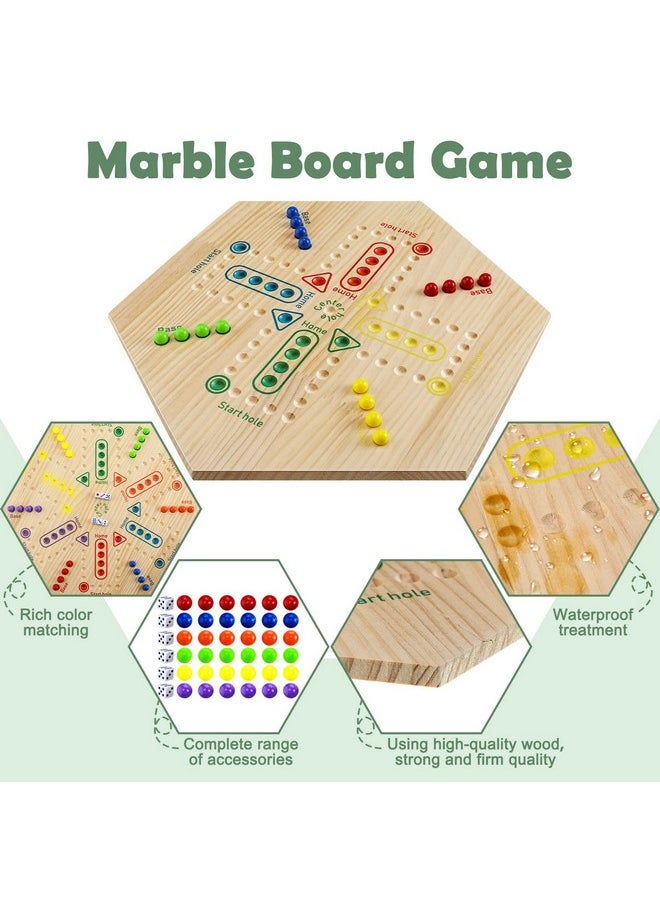Kathfly - Marble Board Game Wooden Marble Game Wahoo Board Game Fun Chinese Checkers Board Game With 6 Colors 36 Marbles 6 Dice For Adults Family Game Night Double Sided Painted 6 And 4 Player (Hexagonal) - Image 1