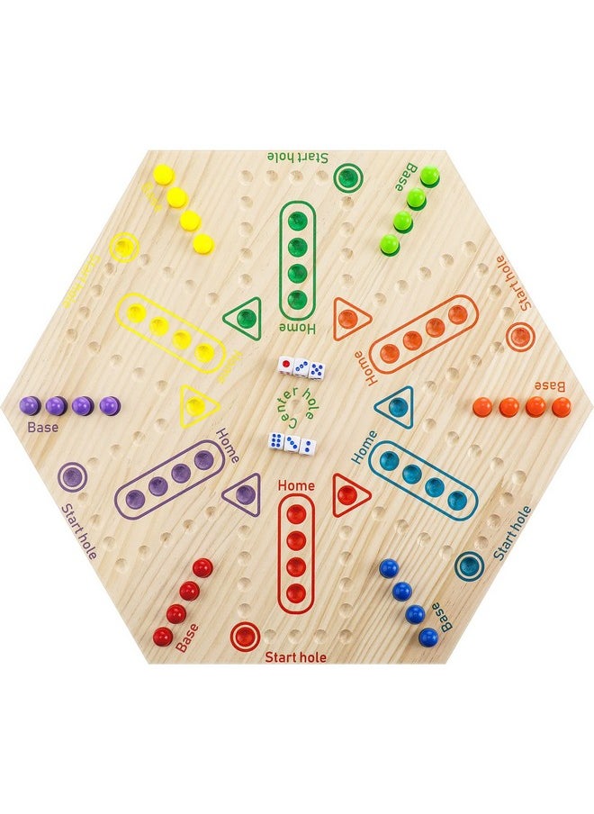 Kathfly - Marble Board Game Wooden Marble Game Wahoo Board Game Fun Chinese Checkers Board Game With 6 Colors 36 Marbles 6 Dice For Adults Family Game Night Double Sided Painted 6 And 4 Player (Hexagonal) - Image 1