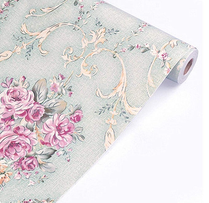 SELFADHESIVE LIGHT GREEN RURAL VINTAGE ROSE WALLPAPER SHELF LINER FUNITURES DRESSER DRAWER CABINET DECOR STICKER 177 INCH BY 100 INCH