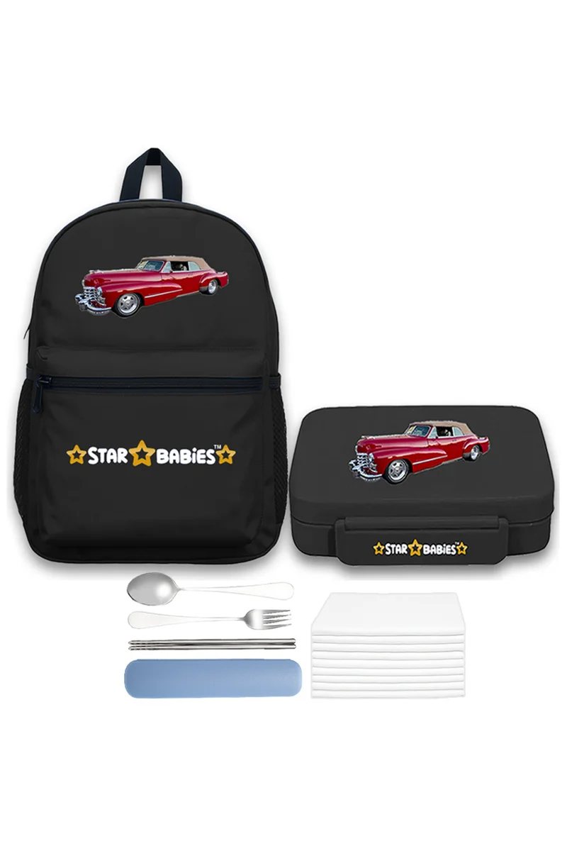 ستار بيبيز Star Babies 16-Inch Retro Car Themed Children's Backpack for boys Adjustable Shoulder Strap for Hiking Large with Bento Lunch Box with 4 Compartments, BPA Free, Leak-Proof, Toddler-Friendly, 3 Years+ size,Pack of 2