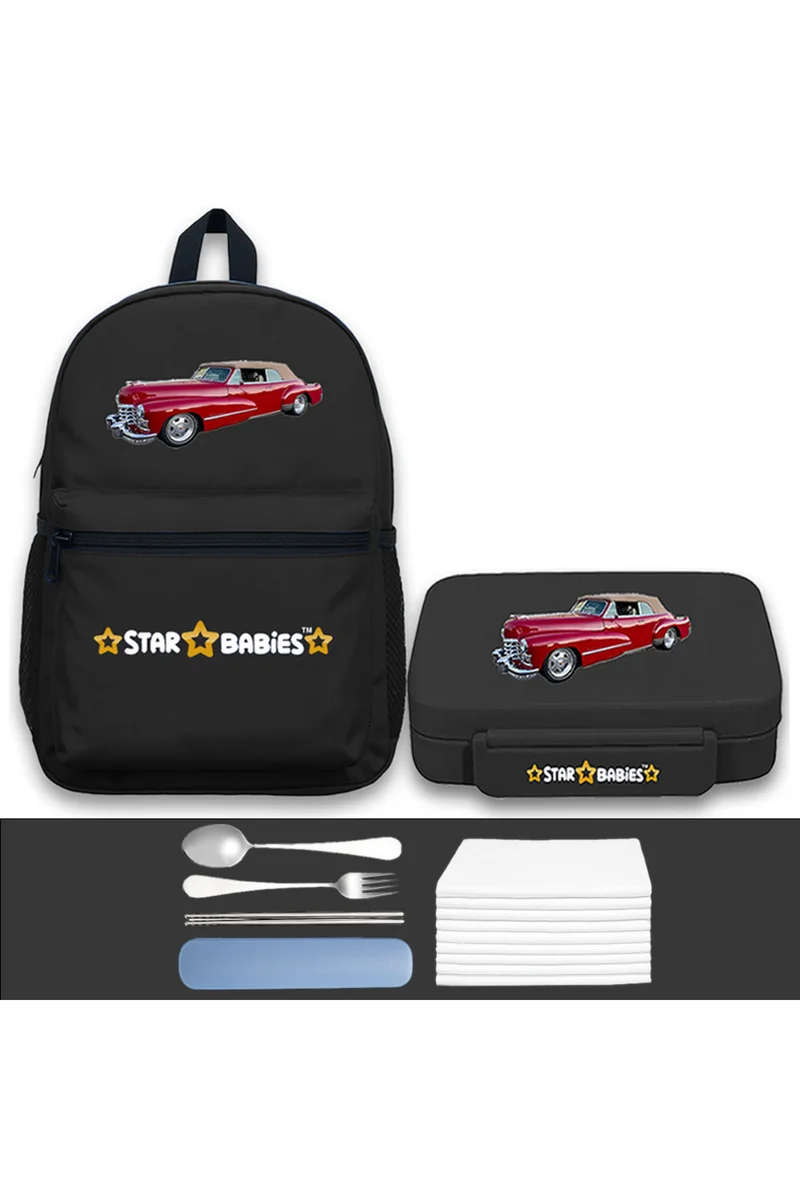 ستار بيبيز Star Babies 16-Inch Retro Car Themed Children's Backpack for boys Adjustable Shoulder Strap for Hiking Large with Bento Lunch Box with 4 Compartments, BPA Free, Leak-Proof, Toddler-Friendly, 3 Years+ size,Pack of 2