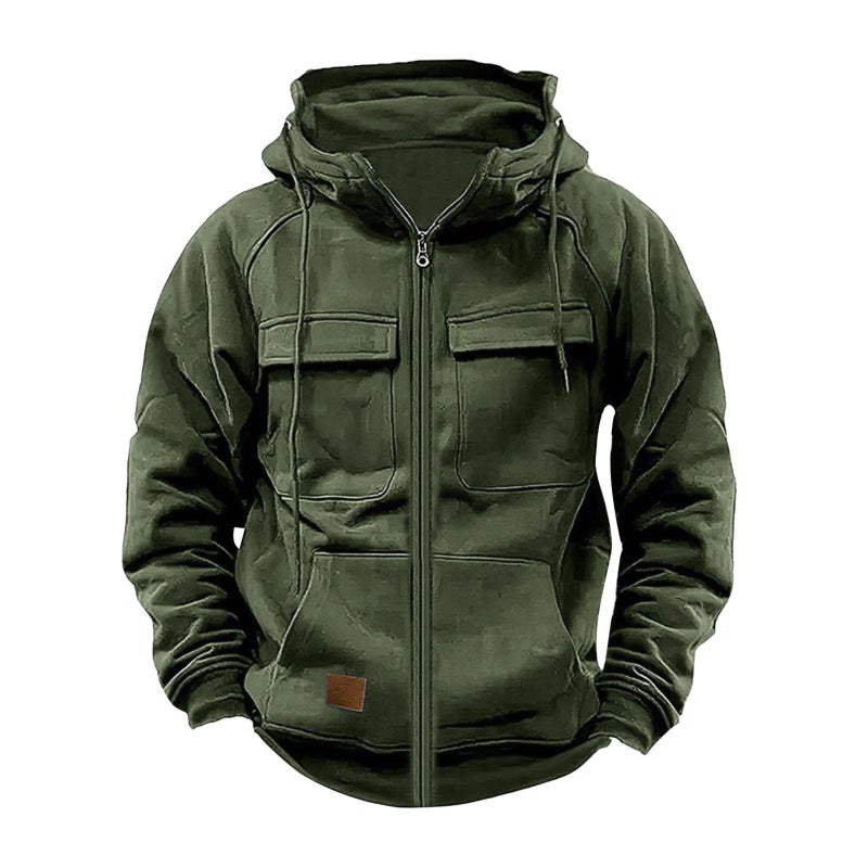 Generic Cross-Border Autumn and Winter New Mens Hooded Pure Color Sweatshirt European and American Youth Sports Multi-Flap Pocket Pants Leather Sweatshirt Jacket Army green 