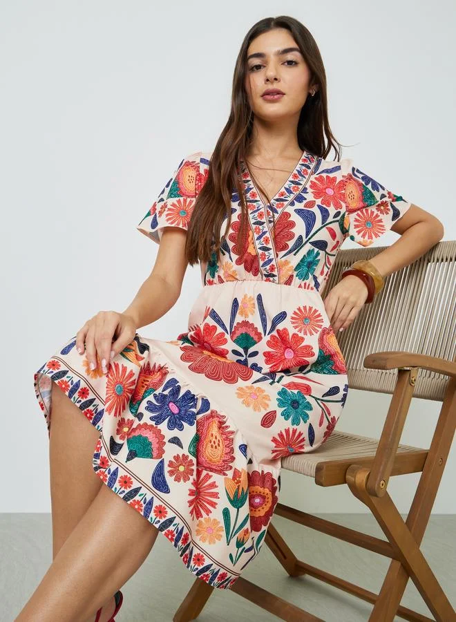Take Two Floral Print V Neck A-Line Midi Dress