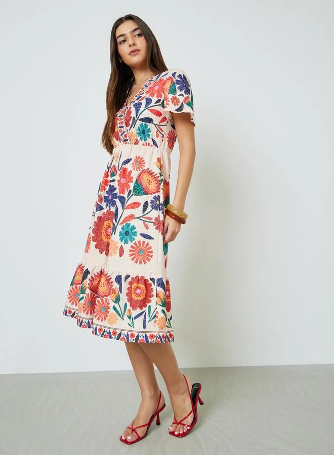 Take Two Floral Print V Neck A-Line Midi Dress