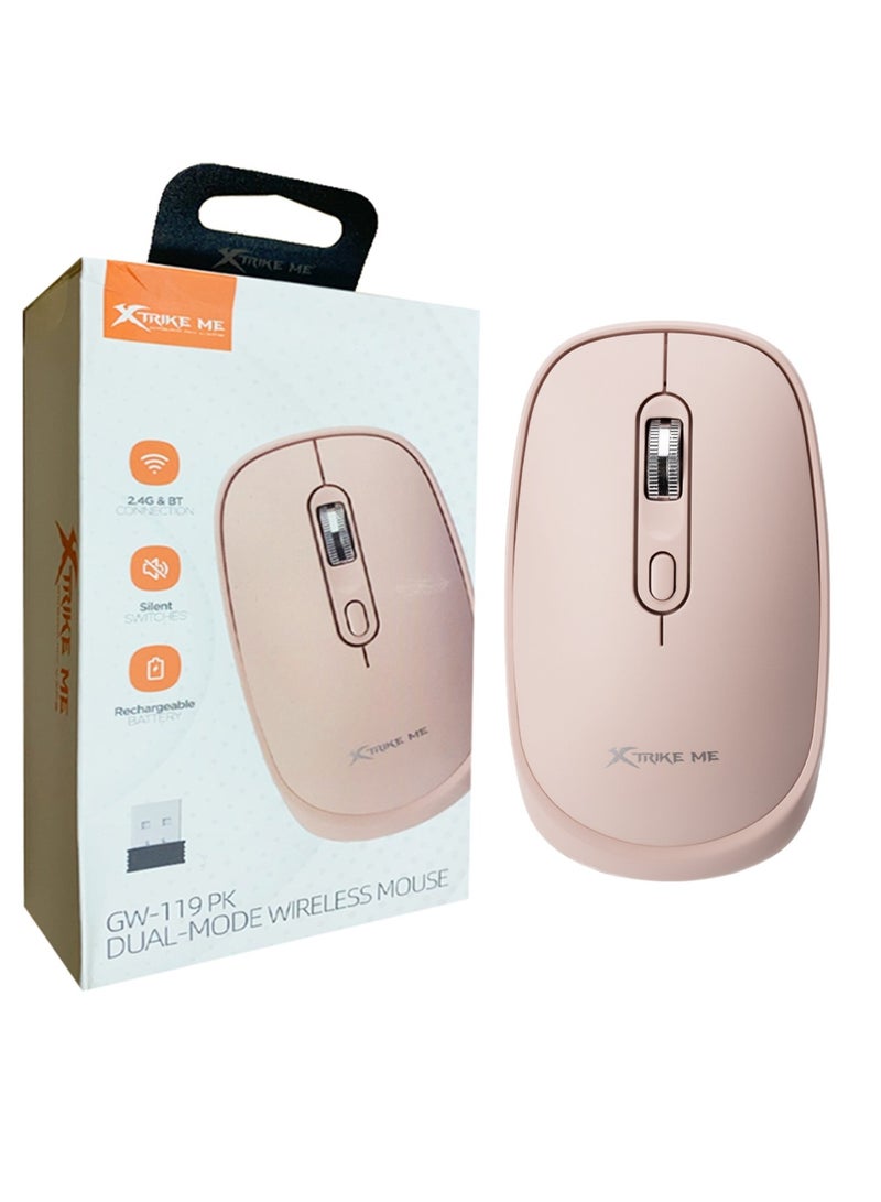 XTRIKE ME ماوس لاسلكي مزدوج الوضع GW-119 مع بطارية قابلة للشحن جسم وردي - Image 1