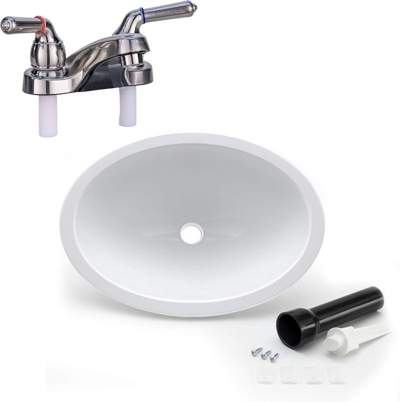 RecPro RV Oval Single Bowl Sink | 10" x 13" | White | With Faucet - Image 1