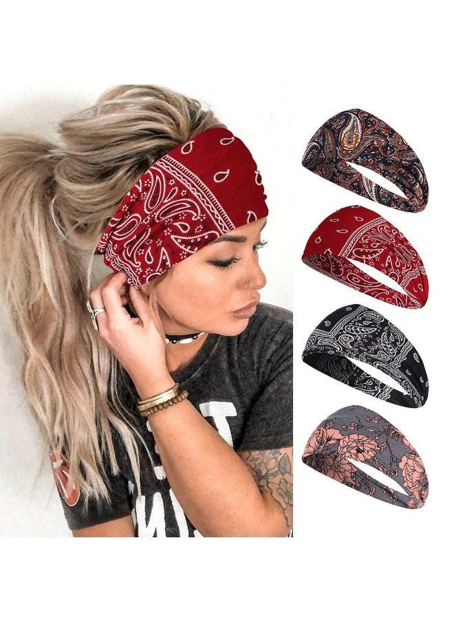 Vemalo - Wide Headbands For Women Boho Bandeau Head Bands Workout Head Wraps Stretch No Slip Hair Wraps Pack Of 4 (Stylish) - Image 1