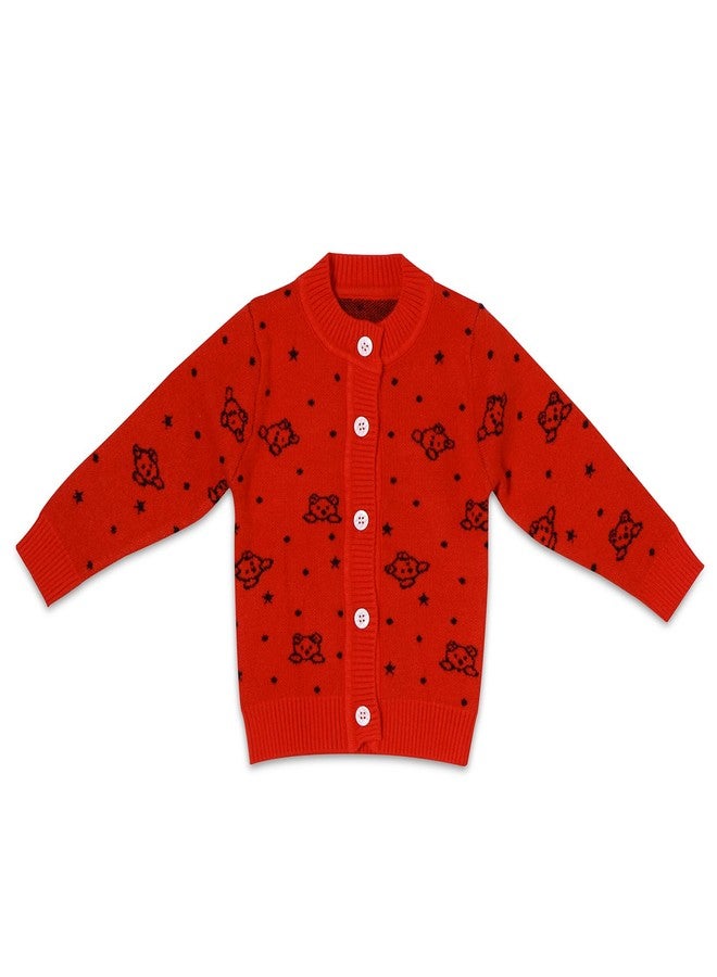Pokory Adorable Red Sweater Kids with Cartoon Deign and Button Closure Soft Warm Wool & Stylish Sweater for Boys & Girls Size 80 - Image 1