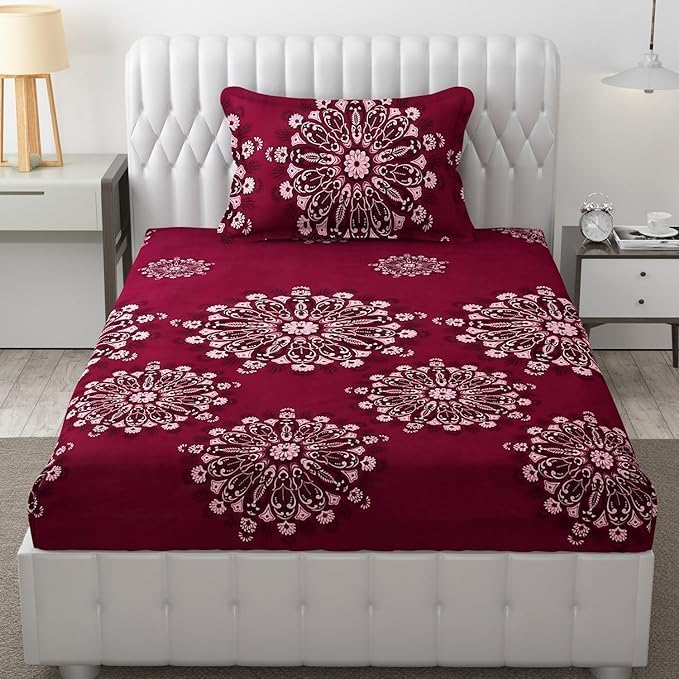 KAWI Single Bedsheet Elastic Fitted 72X48X6 Inches Glace Cotton with 1 Pillow Cover (72"X 48"Xup to 8 Inche Mattress) Charry Colour - Image 5