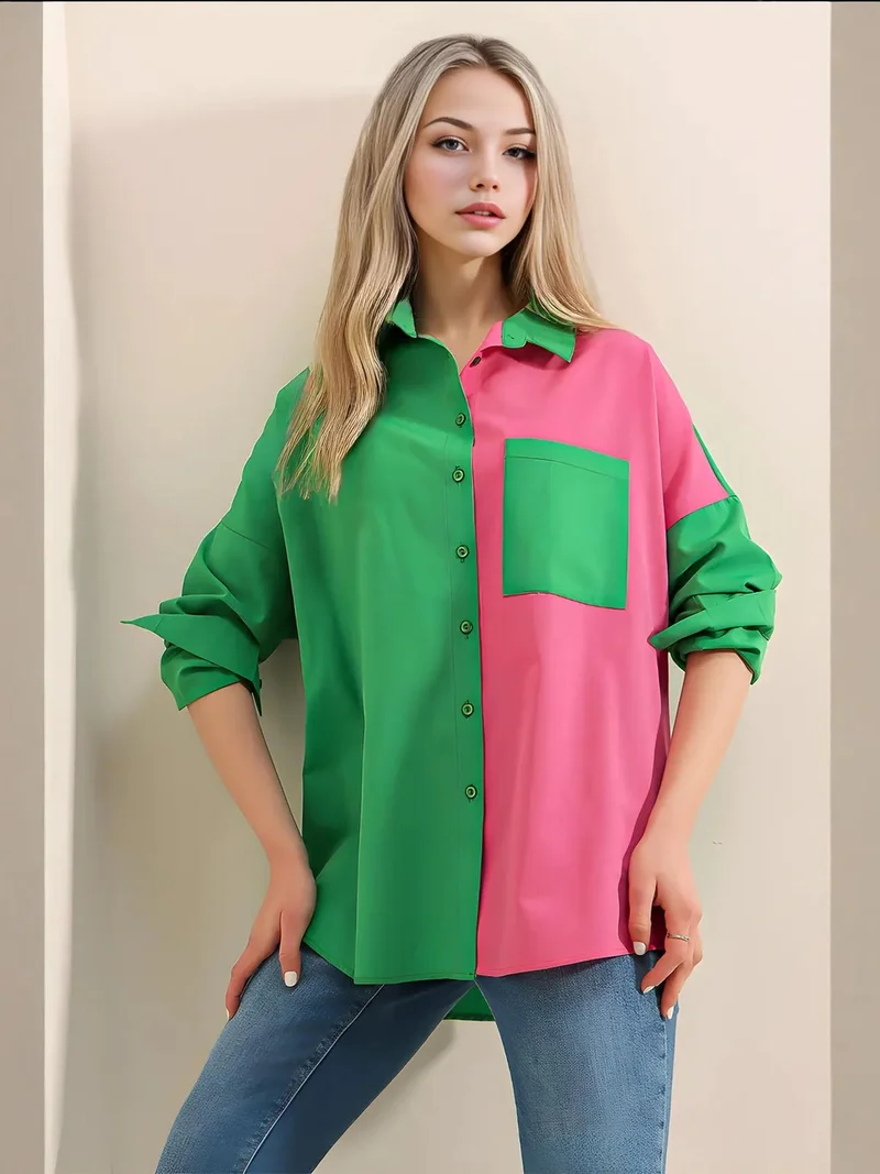 BIG DART BDART Color Blocked Satin Shirt with Pocket