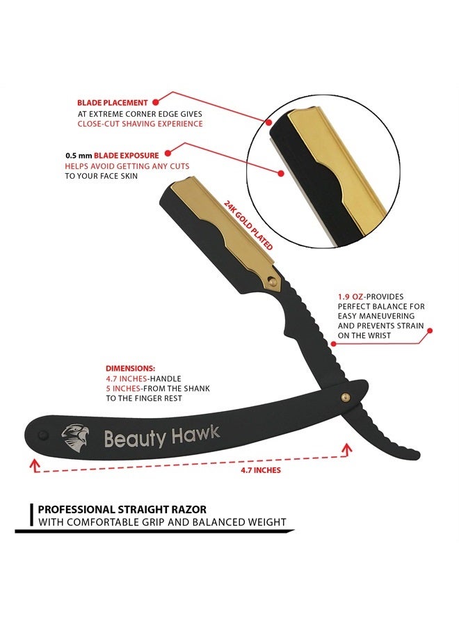 beauty hawk Beauty Hawk Professional Straight Edge Razor Blade - Shaving Razors for Men with 50 PCS Single Edge Blades - 24K Gold Plated Cap Barber Razor Blades for Ultimate Shaving Experience - Image 2