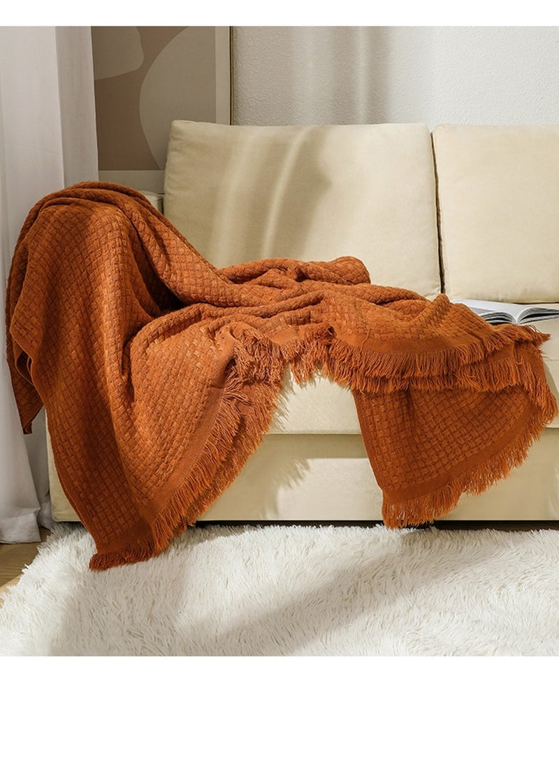 Loquat Solid Color Waffle Tassel Design Knitted Soft Throw Blanket Caramel - Image 1