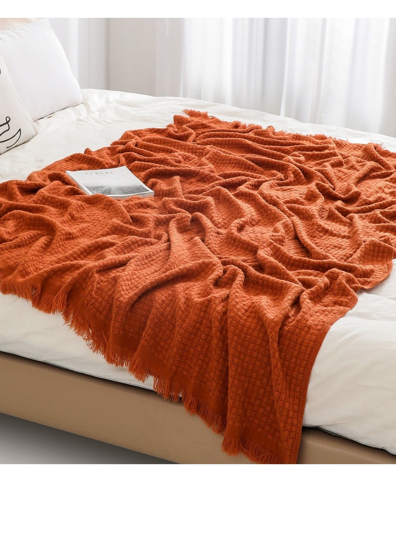 Loquat Solid Color Waffle Tassel Design Knitted Soft Throw Blanket Caramel - Image 2