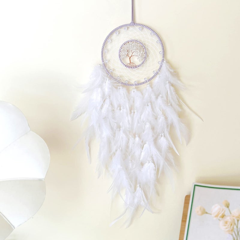 Dksuwe Dream Catchers, White Dream Catcher Tree of Life Wall Decor, with Natural Healing Crystal Stone, Perfect Rock Crystal Handmade Dreamlike Dream Catchers for Bedroom Decor Art Craft Gift - Image 1