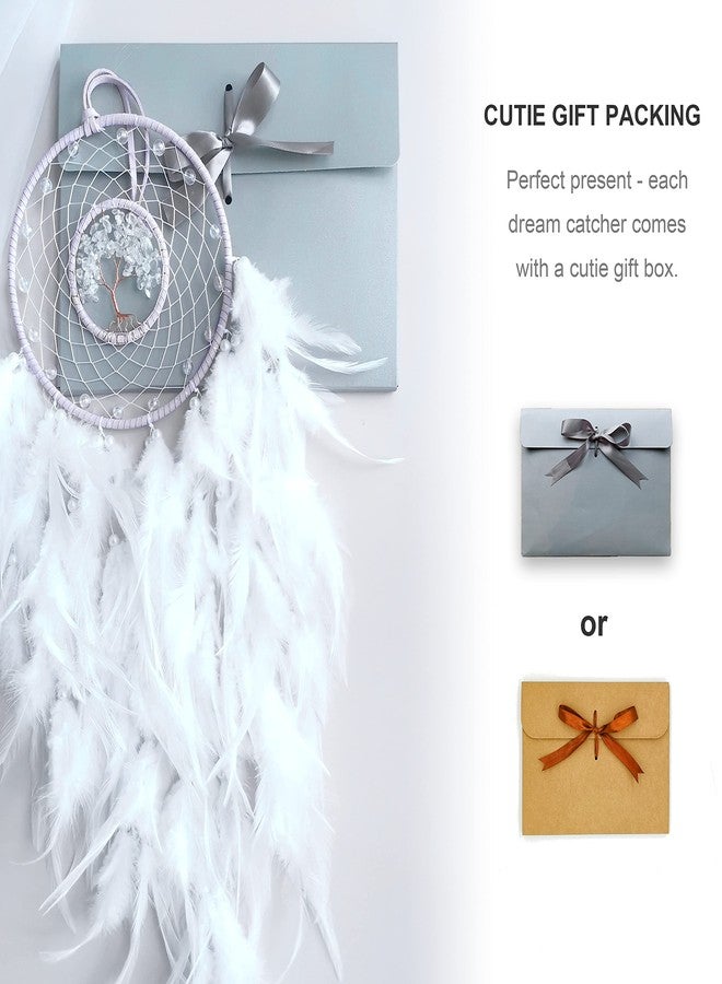 Dksuwe Dream Catchers, White Dream Catcher Tree of Life Wall Decor, with Natural Healing Crystal Stone, Perfect Rock Crystal Handmade Dreamlike Dream Catchers for Bedroom Decor Art Craft Gift - Image 3