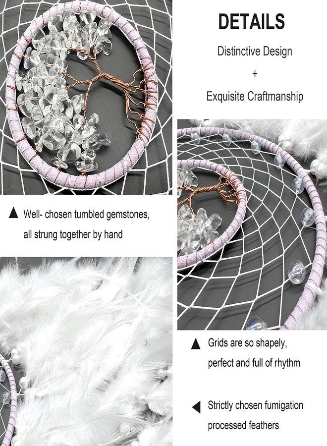 Dksuwe Dream Catchers, White Dream Catcher Tree of Life Wall Decor, with Natural Healing Crystal Stone, Perfect Rock Crystal Handmade Dreamlike Dream Catchers for Bedroom Decor Art Craft Gift - Image 2