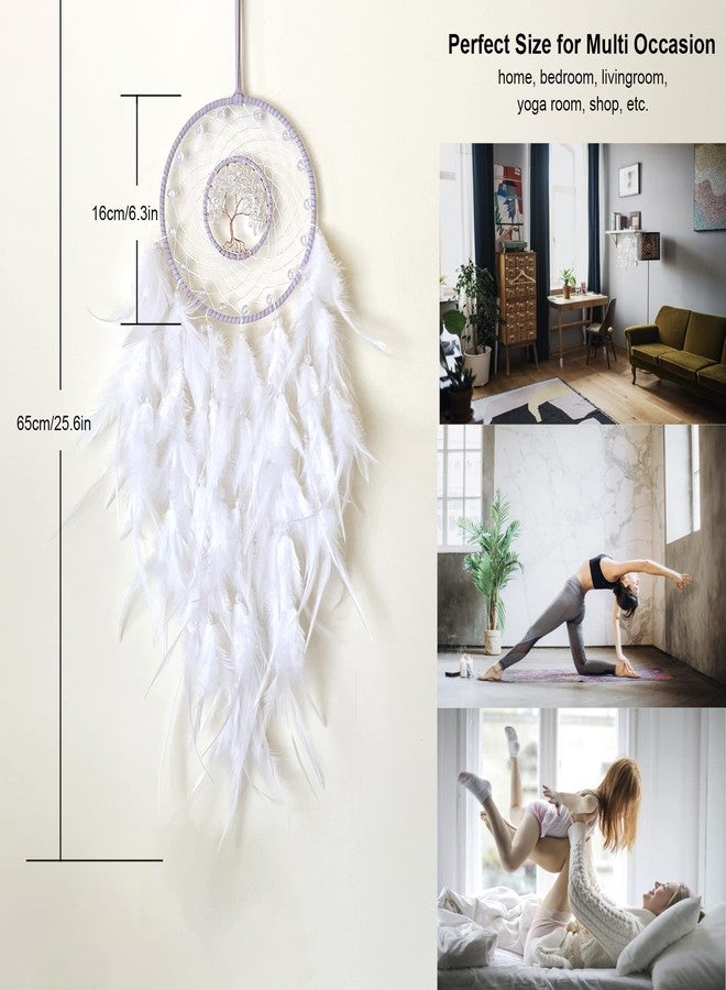 Dksuwe Dream Catchers, White Dream Catcher Tree of Life Wall Decor, with Natural Healing Crystal Stone, Perfect Rock Crystal Handmade Dreamlike Dream Catchers for Bedroom Decor Art Craft Gift - Image 5