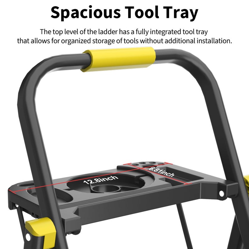 DIAMONDFORGE 5 Step Foldable Step Ladder with Mutifunctional Tool Tray, Platform Ladders Stepstools, Step Stool 5 Step Folding with Non-Slip Pedals, 800lbs Bearing Capacity for Adults, Home, Kitchen, Black Yellow - Image 3