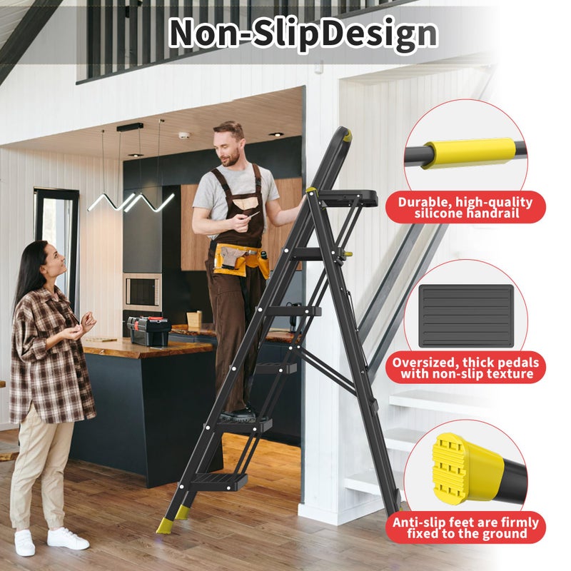 DIAMONDFORGE 5 Step Foldable Step Ladder with Mutifunctional Tool Tray, Platform Ladders Stepstools, Step Stool 5 Step Folding with Non-Slip Pedals, 800lbs Bearing Capacity for Adults, Home, Kitchen, Black Yellow - Image 4