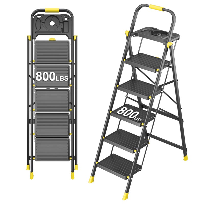 DIAMONDFORGE 5 Step Foldable Step Ladder with Mutifunctional Tool Tray, Platform Ladders Stepstools, Step Stool 5 Step Folding with Non-Slip Pedals, 800lbs Bearing Capacity for Adults, Home, Kitchen, Black Yellow - Image 1