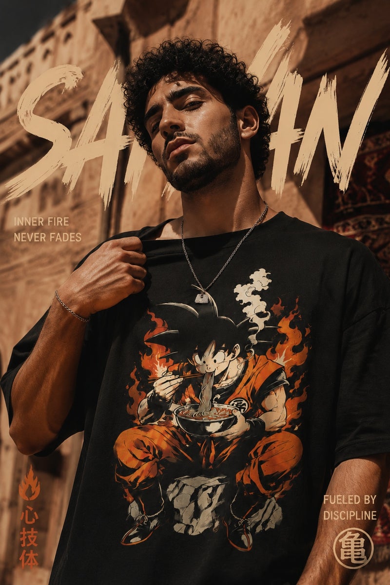 تي شيرت رجالي أسود بقصة واسعة وطبعة أنمي مميزة تصميم عصري بأكمام قصيرة وياقة دائرية - Image 1