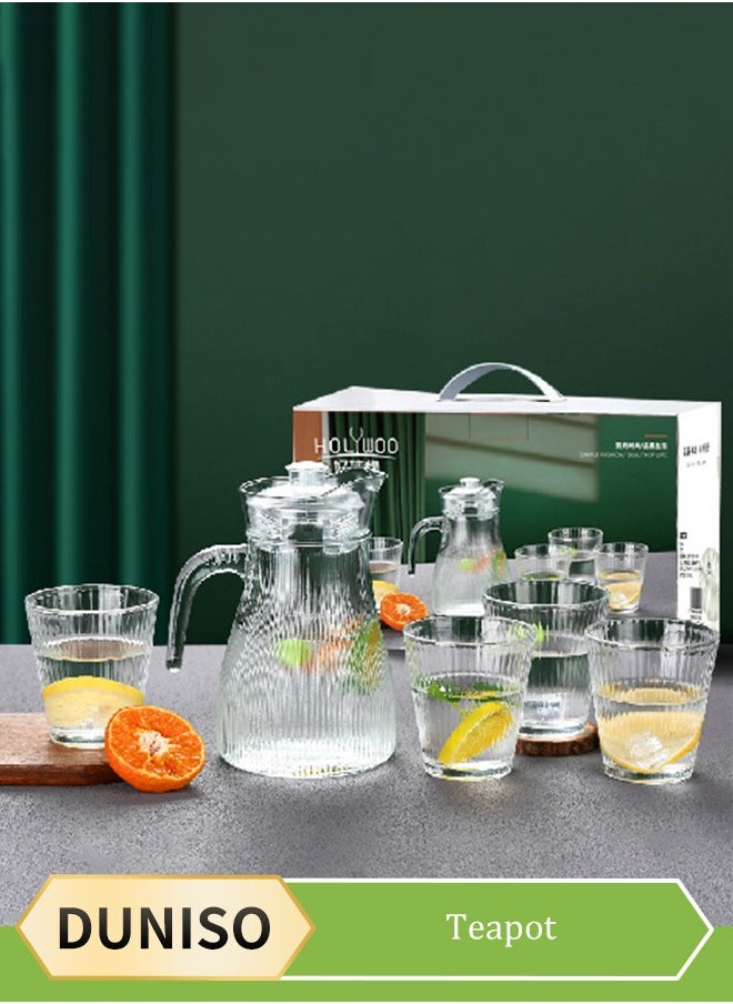 DUNISO 5-Piece Glass teapot With Lid and Spout,vertical stripe Glass jug Set,Beverage Pitcher for Drinks, Glass Water Carafe,Which is 1 Glass Teapot And 4 Cups,Water Carafe Jug With Lids For Iced Tea Lemonade Coffee Milk Juice  - Image 1