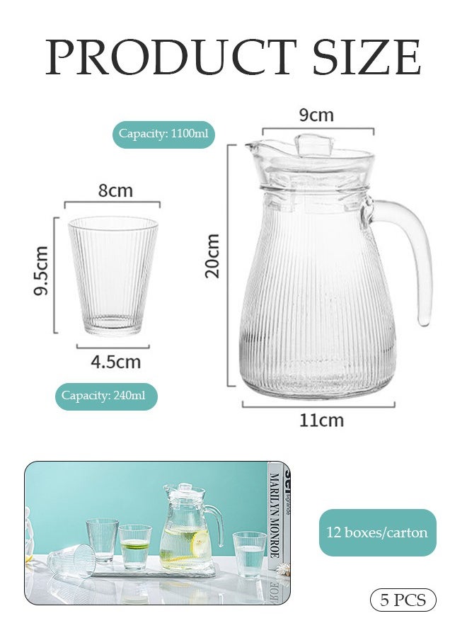 DUNISO 5-Piece Glass teapot With Lid and Spout,vertical stripe Glass jug Set,Beverage Pitcher for Drinks, Glass Water Carafe,Which is 1 Glass Teapot And 4 Cups,Water Carafe Jug With Lids For Iced Tea Lemonade Coffee Milk Juice  - Image 2