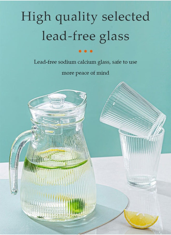 DUNISO 5-Piece Glass teapot With Lid and Spout,vertical stripe Glass jug Set,Beverage Pitcher for Drinks, Glass Water Carafe,Which is 1 Glass Teapot And 4 Cups,Water Carafe Jug With Lids For Iced Tea Lemonade Coffee Milk Juice  - Image 3