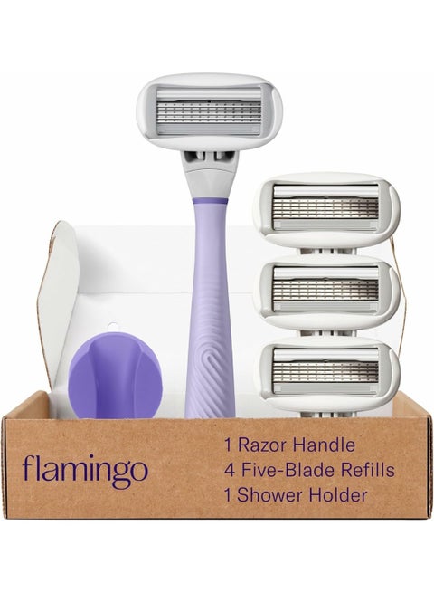 Flamingo 1 Women's Razor Handle (Lilac), 4 Razor Five-Blade Refills, and 1 Shower Holder