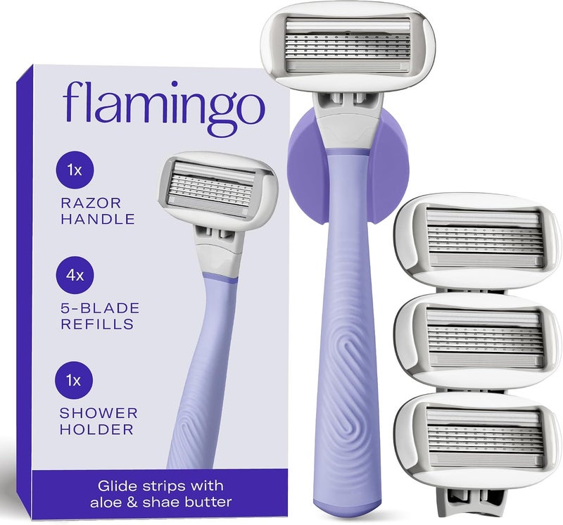 Flamingo مقبض ماكينة حلاقة فلامينغو 1 للنساء (بنفسجي)، 4 شفرات حلاقة بخمسة شفرات، وحامل دش واحد - Image 1