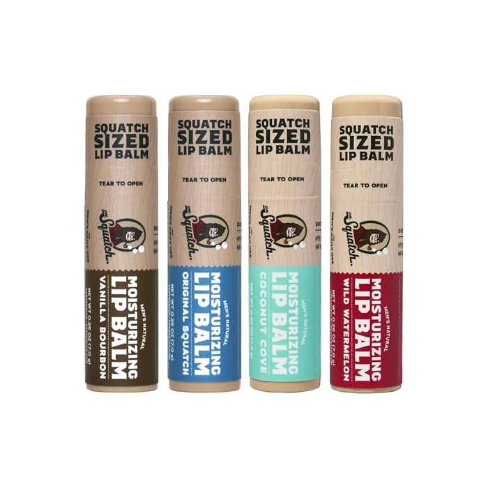Dr. Squatch Natural Lip Balm for Men – Men’s Lip Care for Dry, Chapped Lips – Coconut Oil, Shea Butter & Beeswax – Original Squatch, Vanilla Bourbon, Coconut Cove, Wild Watermelon (0.25 oz, 4 Pack)
