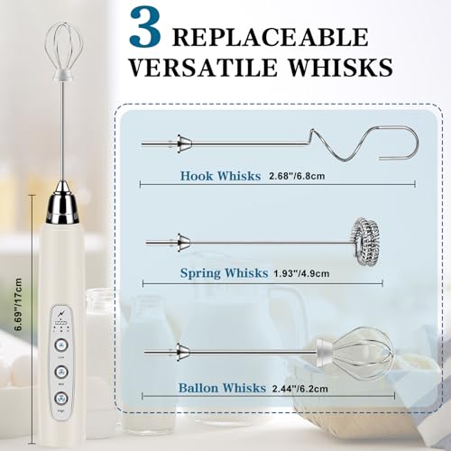 BSRGMS Milk Frother Handheld for Coffee, Electric Whisk 3 Speed Adjustable, Drink Mixer with Stainless 3 Whisks, Rechargeable Hand Frother Wand, for Latte Cappuccino Hot Chocolate Egg Beige - Image 2