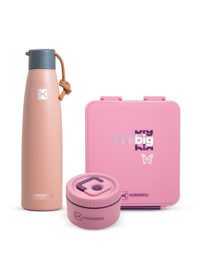 HYDROBREW صندوق غداء هيدروبرو Bento مع زجاجة ماء فولاذية ووعاء طعام - تفكير كبير بلش - Image 1