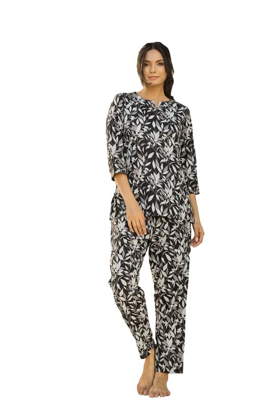 SAY Women Night Suits Pajama Sets, Pure Cotton, Abstract Printed, Black Color, 3/4 Sleeve, Night Suit for Women, Sleep Suit - (SE-NSP-122_L) - Image 1