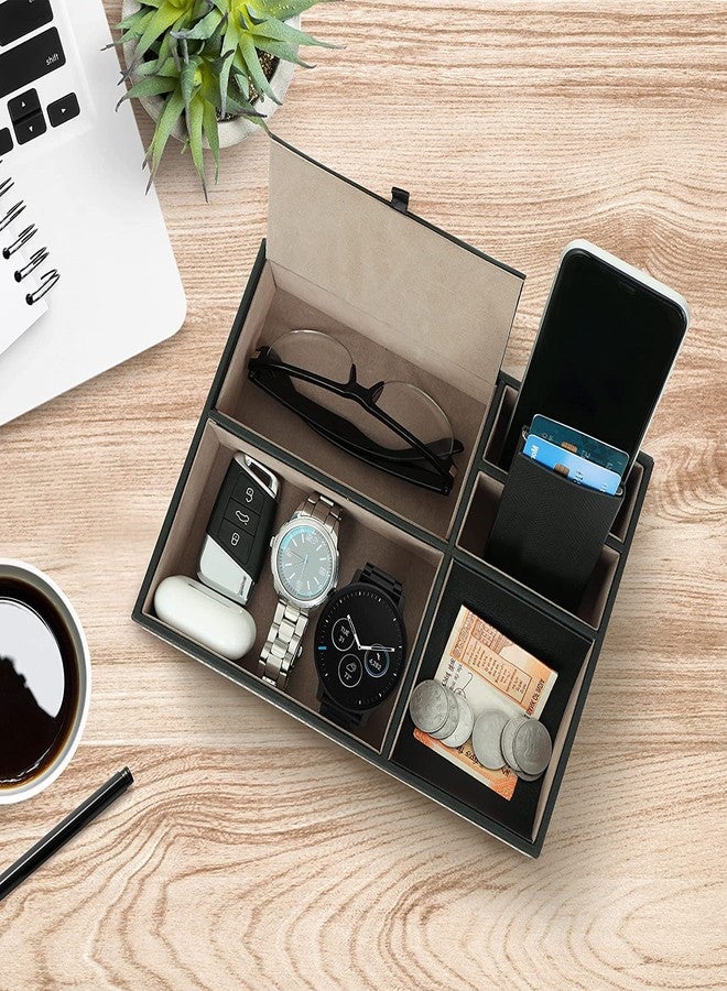 BROGBUS Men Accessories Organizer Leather Valet Tray Nightstand or Dresser Organizer for Wallet, Phone, Keys, Jewellery, Money 5 Slot Storage Compartment Box – Black Colour - Image 5