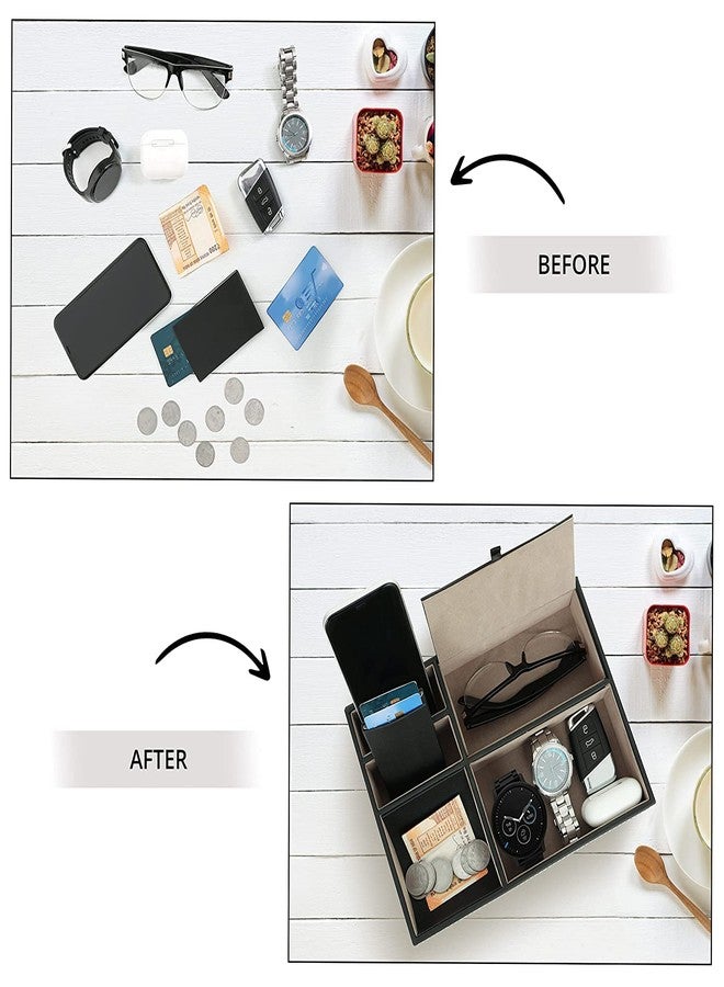 BROGBUS Men Accessories Organizer Leather Valet Tray Nightstand or Dresser Organizer for Wallet, Phone, Keys, Jewellery, Money 5 Slot Storage Compartment Box – Black Colour - Image 3