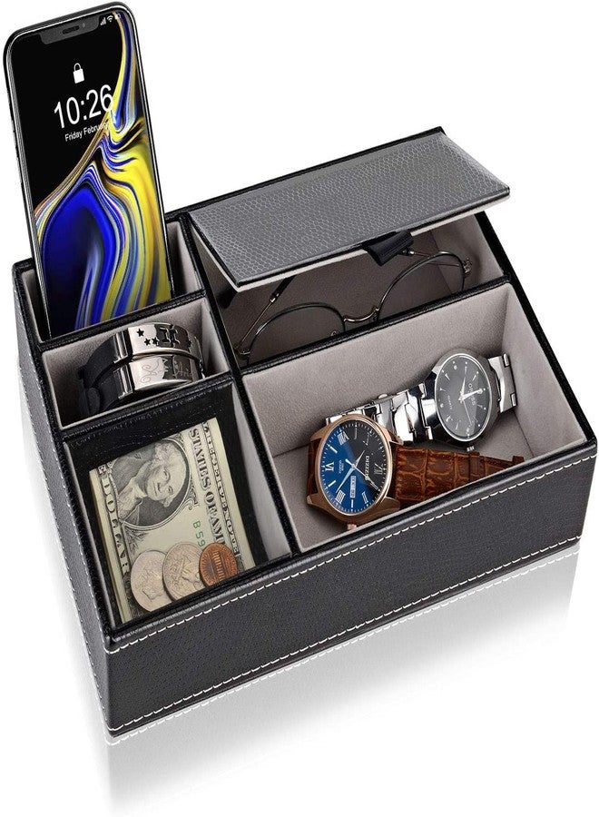 BROGBUS Men Accessories Organizer Leather Valet Tray Nightstand or Dresser Organizer for Wallet, Phone, Keys, Jewellery, Money 5 Slot Storage Compartment Box – Black Colour - Image 1