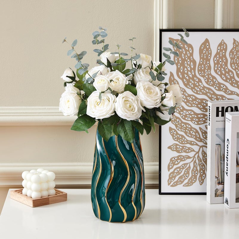 OTARTU Ceramic Vase  Green Vase for Home Decor Decorative Flower Vase  Vertical Stripe Ceramic Vases for Home D?cor  Bedroom  Office  Living Room  Bathroom  Tabletop Decor  Centerpiece (Green) - Image 2