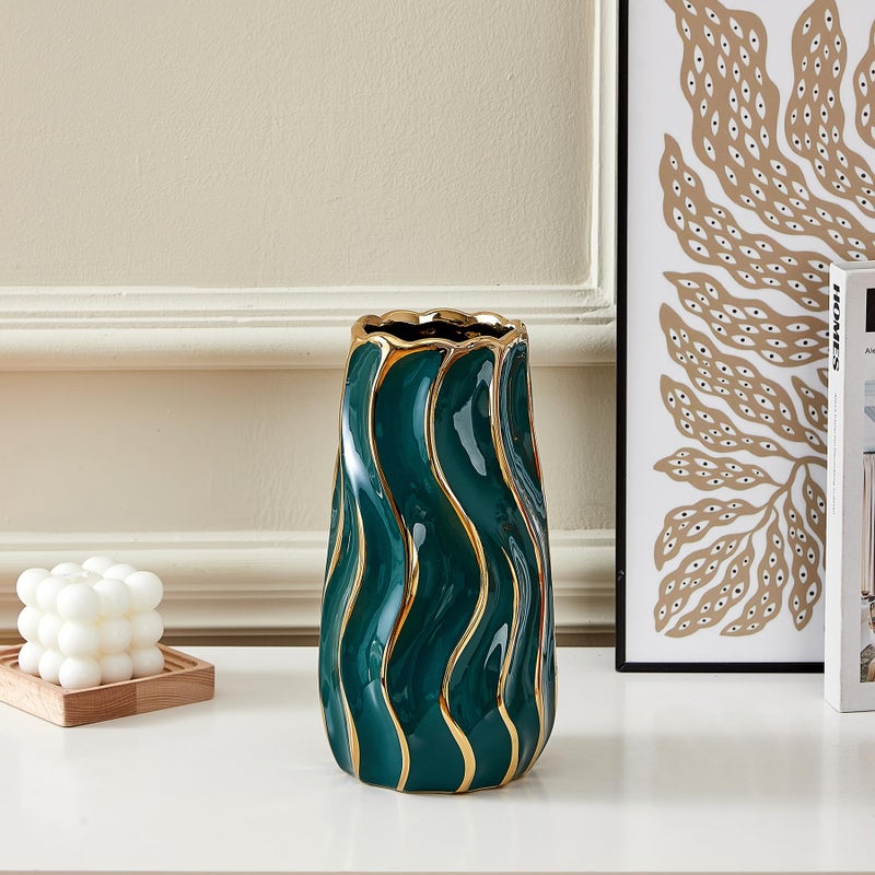 OTARTU Ceramic Vase  Green Vase for Home Decor Decorative Flower Vase  Vertical Stripe Ceramic Vases for Home D?cor  Bedroom  Office  Living Room  Bathroom  Tabletop Decor  Centerpiece (Green) - Image 3