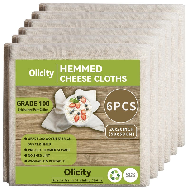 Olicity Cheese Cloths, 6PCS, Grade 100,20x20Inch Hemmed Cheese Cloth Fabric Reusable Fine Mesh Cloth, 100% Cotton Unbleached Precut Muslin Cheesecloth for Straining, Cooking, Yogurt, Juicing - Image 1