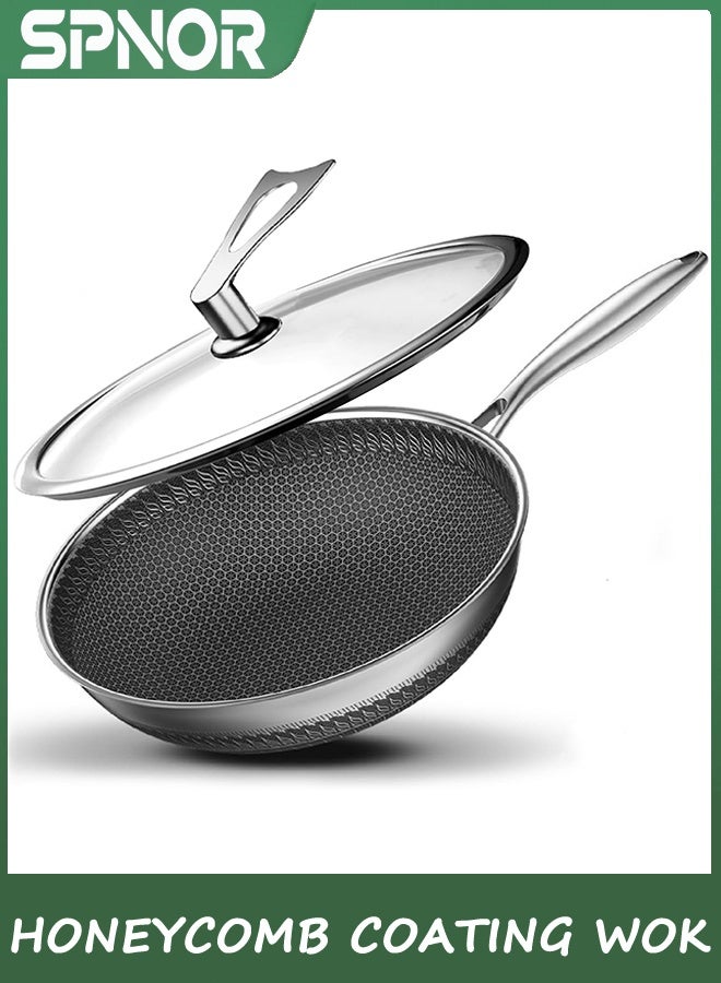 Spnor WOK Pan مع الغطاء, 32CM الفولاذ المقاوم للصدأ وعاء مع الغطاء, WOKS خلط المقلية وعاء مع طلاء ملمع العسل, غير اللاصق WOK أسفل مسطح, الاستقراء WOK Pan متوافق مع جميع الطبخ - Image 1