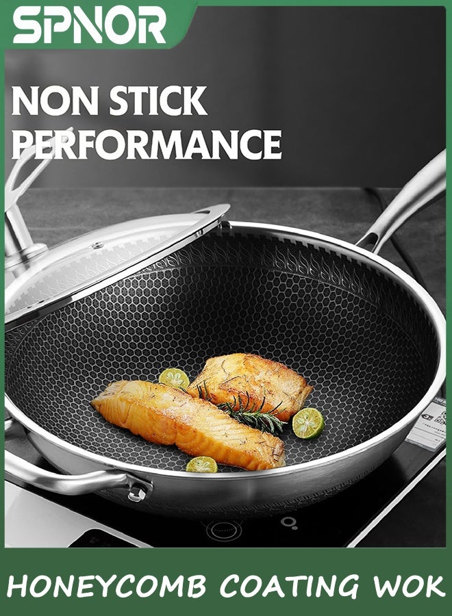 Spnor WOK Pan مع الغطاء, 32CM الفولاذ المقاوم للصدأ وعاء مع الغطاء, WOKS خلط المقلية وعاء مع طلاء ملمع العسل, غير اللاصق WOK أسفل مسطح, الاستقراء WOK Pan متوافق مع جميع الطبخ - Image 4