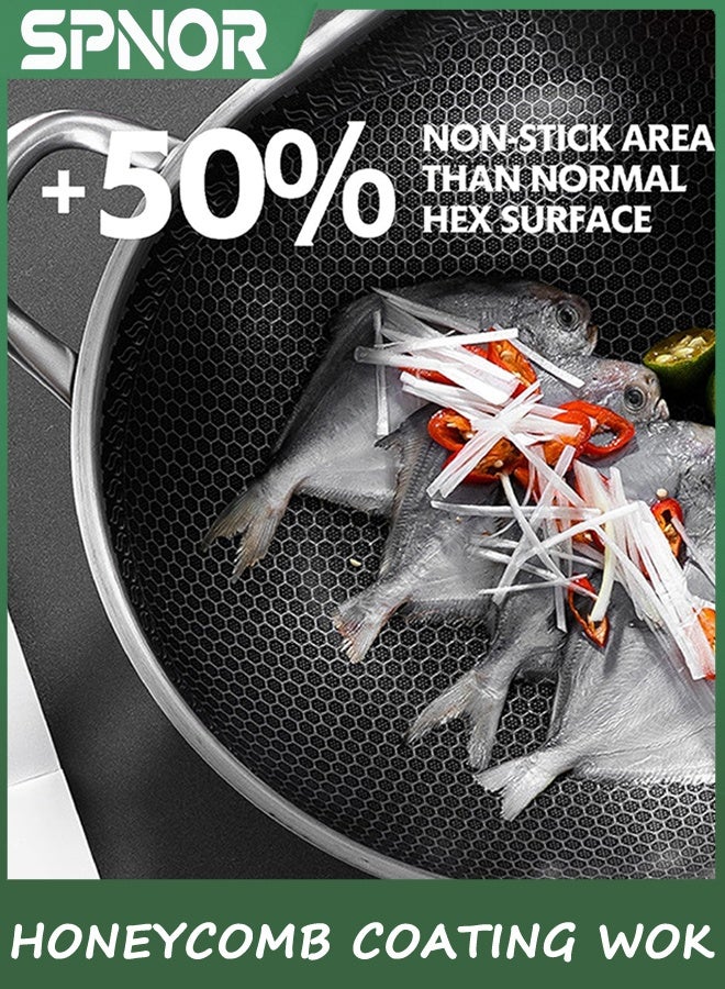 Spnor WOK Pan مع الغطاء, 32CM الفولاذ المقاوم للصدأ وعاء مع الغطاء, WOKS خلط المقلية وعاء مع طلاء ملمع العسل, غير اللاصق WOK أسفل مسطح, الاستقراء WOK Pan متوافق مع جميع الطبخ - Image 5
