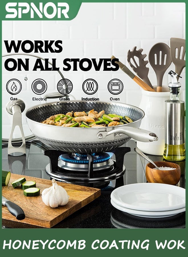 Spnor WOK Pan مع الغطاء, 32CM الفولاذ المقاوم للصدأ وعاء مع الغطاء, WOKS خلط المقلية وعاء مع طلاء ملمع العسل, غير اللاصق WOK أسفل مسطح, الاستقراء WOK Pan متوافق مع جميع الطبخ - Image 3
