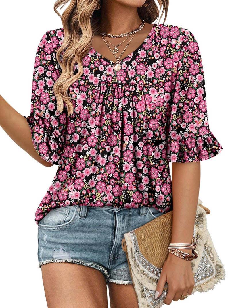 ROSELINLIN Boho Tops for Women Summer Dresses Loose Fit Floral Tunic Tops 3/4 Sleeve Half Short Sleeve Shirts Mulberry Flower L - Image 1